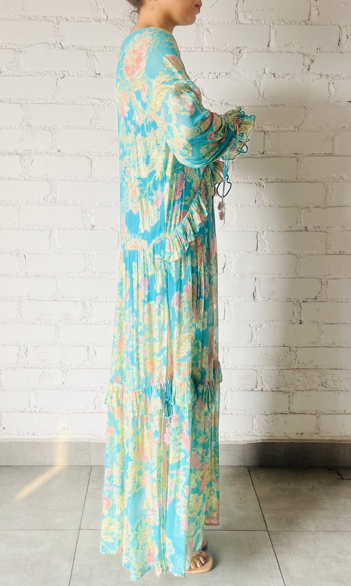 Womens | Isha Viscose Georgette Floral Lurex Kaftan | Blue Multi