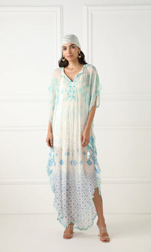 Womens | Jarun Viscose Gold Thin Stripe Lurex Georgette Kaftan | White Blue