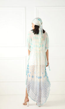 Womens | Jarun Viscose Gold Thin Stripe Lurex Georgette Kaftan | White Blue