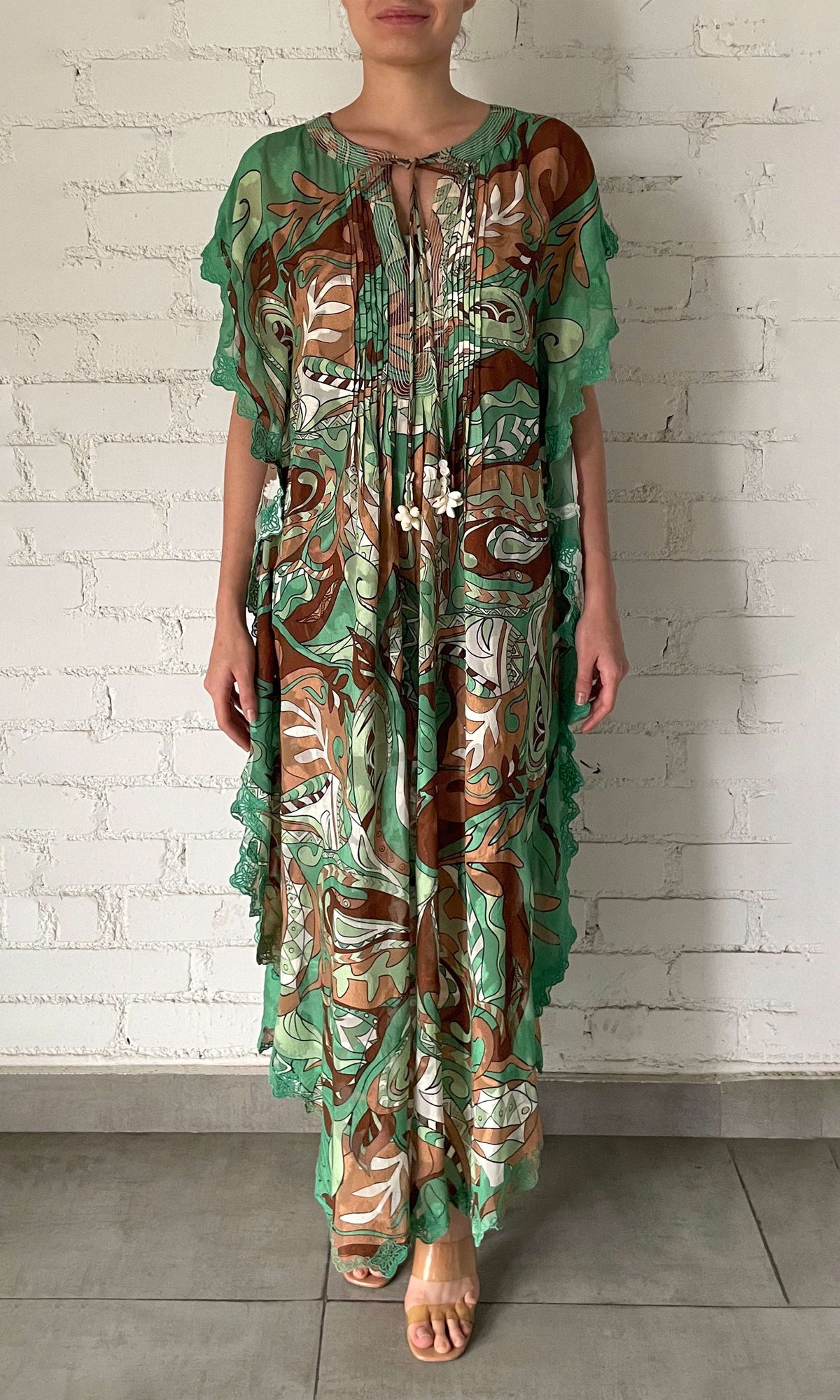 Womens | Jash Viscose Georgette Lurex Dobby Kaftan | Green Multi Paisley