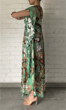Womens | Jash Viscose Georgette Lurex Dobby Kaftan | Green Multi Paisley