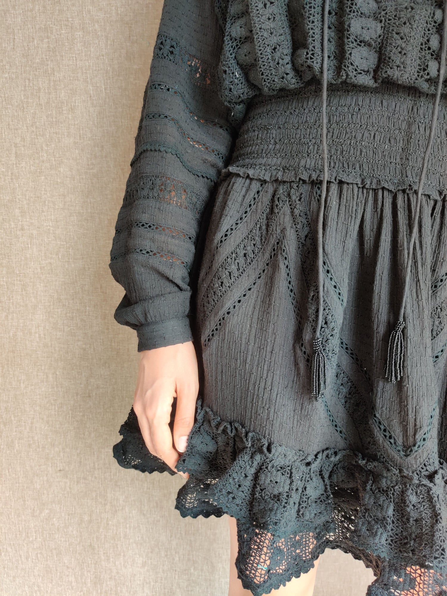 Hemant & Nandita | Juhi Round-Neck Long-Sleeve Short Dress | Black