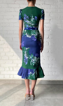 Hemant And Nandita | Keva Cotton Linen Lycra Midi Dress With Tie Up Belt | Green Blue