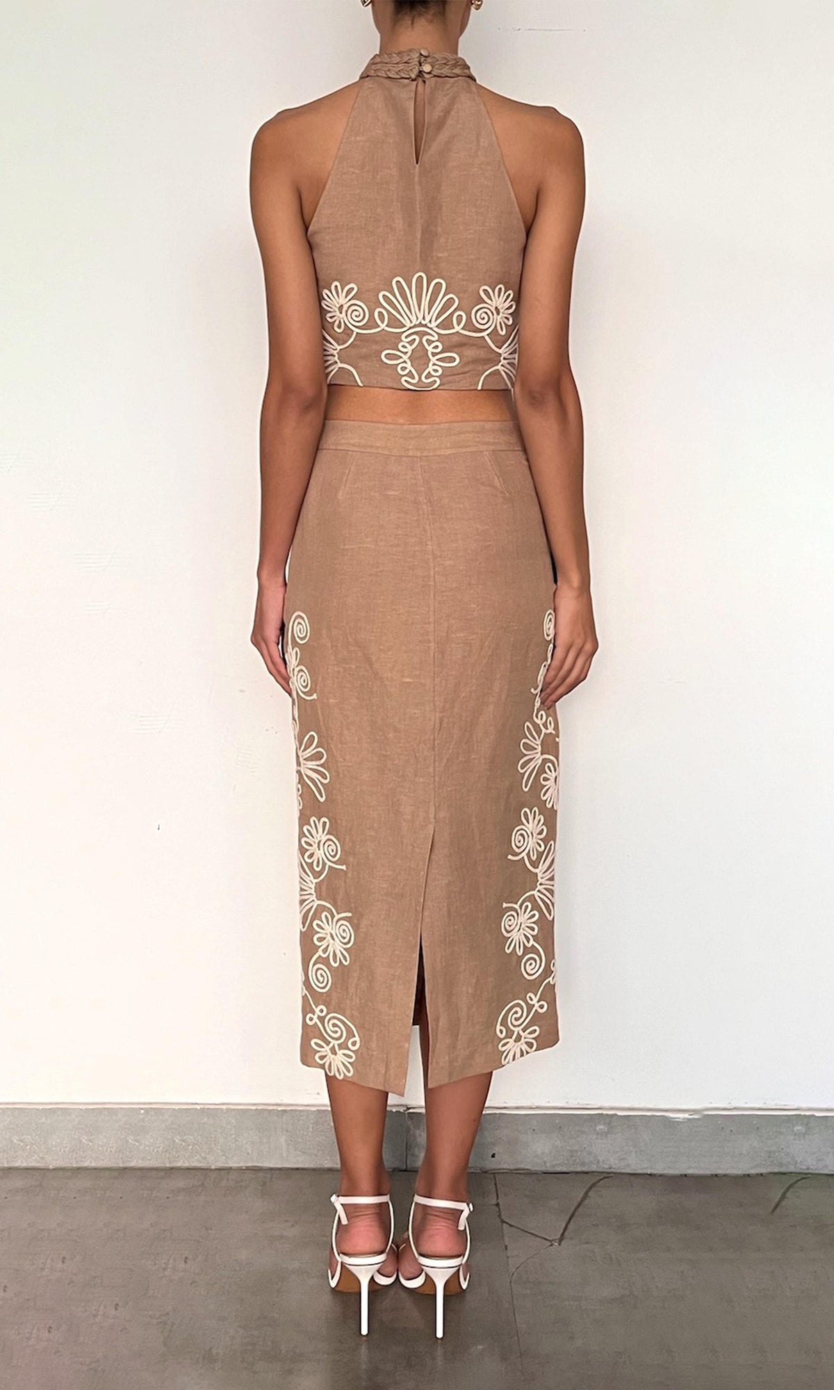 Womens | Mihi Linen Cotton Halter Neck Top | Brown Off White