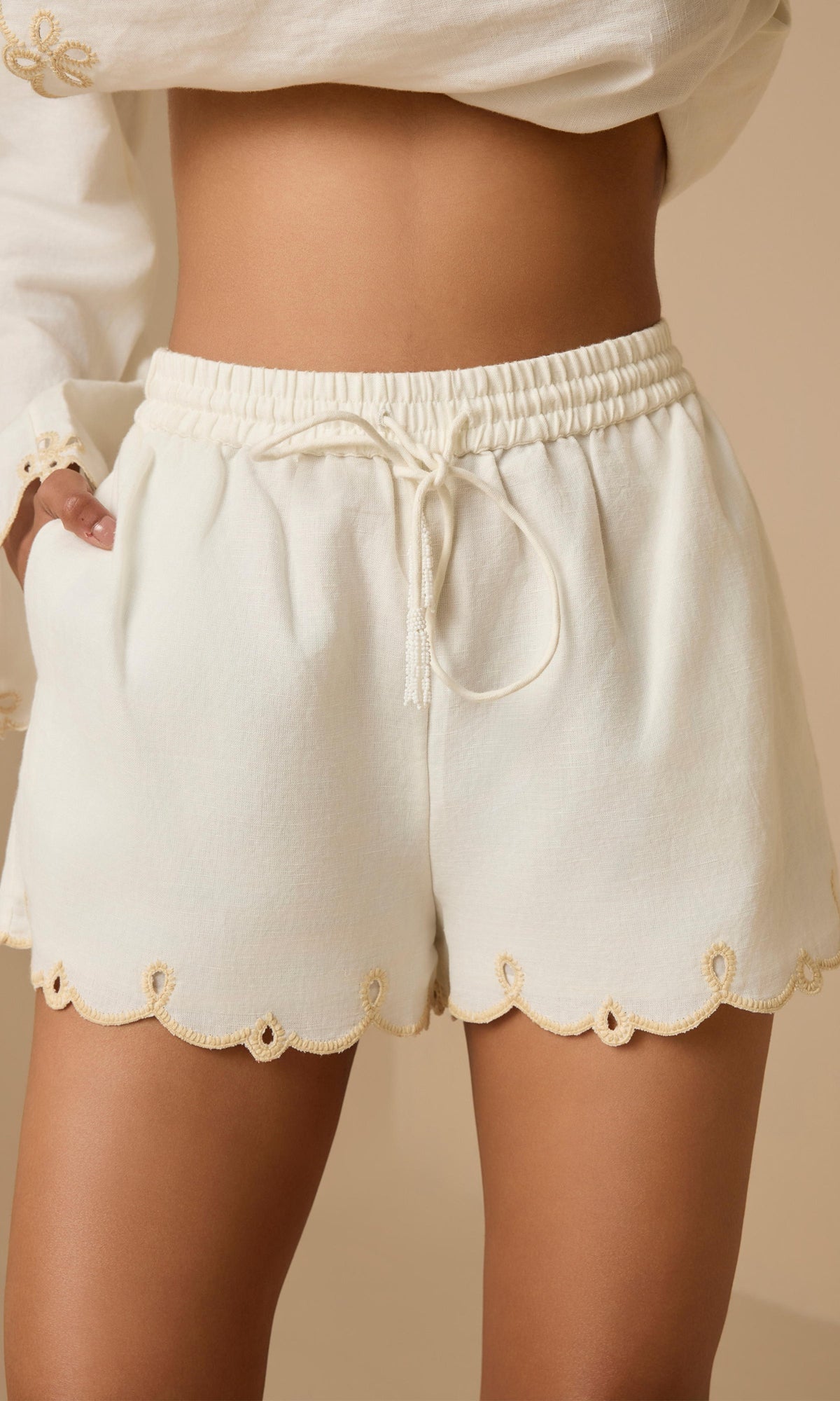 Hemant And Nandita | Nain Linen Cotton Waist Elasticated Shorts | Off White