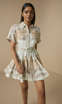 Womens | Navi Linen Cotton Short Dress With Tie Up Belt | Blue Brown