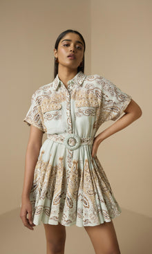 Womens | Navi Linen Cotton Short Dress With Tie Up Belt | Blue Brown