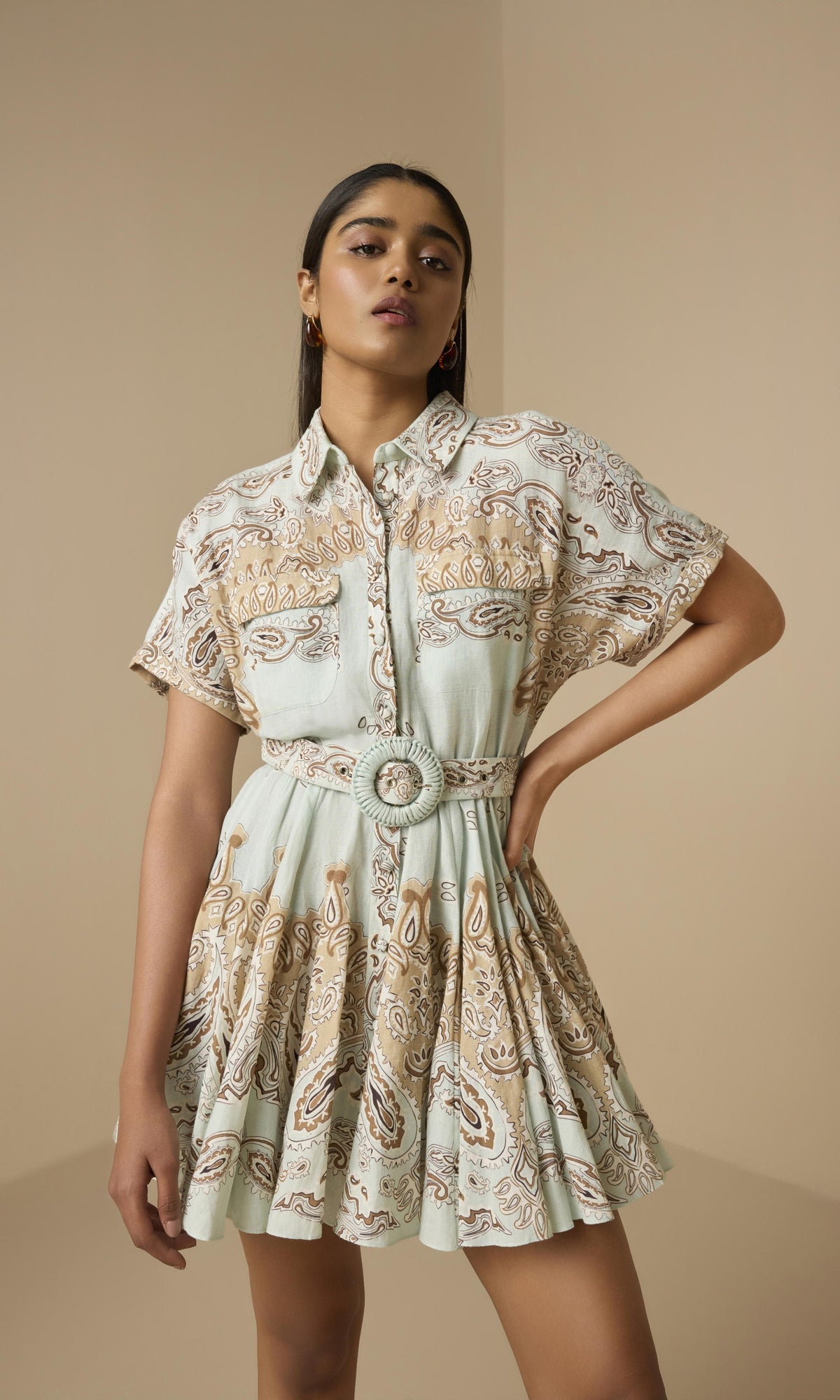 Womens | Navi Linen Cotton Short Dress With Tie Up Belt | Blue Brown
