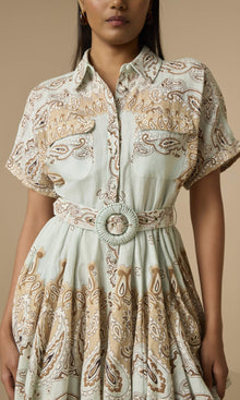 Womens | Navi Linen Cotton Short Dress With Tie Up Belt | Blue Brown