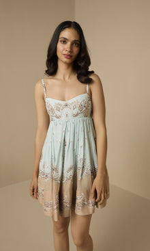 Hemant And Nandita | Navi Viscose Organza Linen Short Dress With Quilted Yoke | Blue Brown