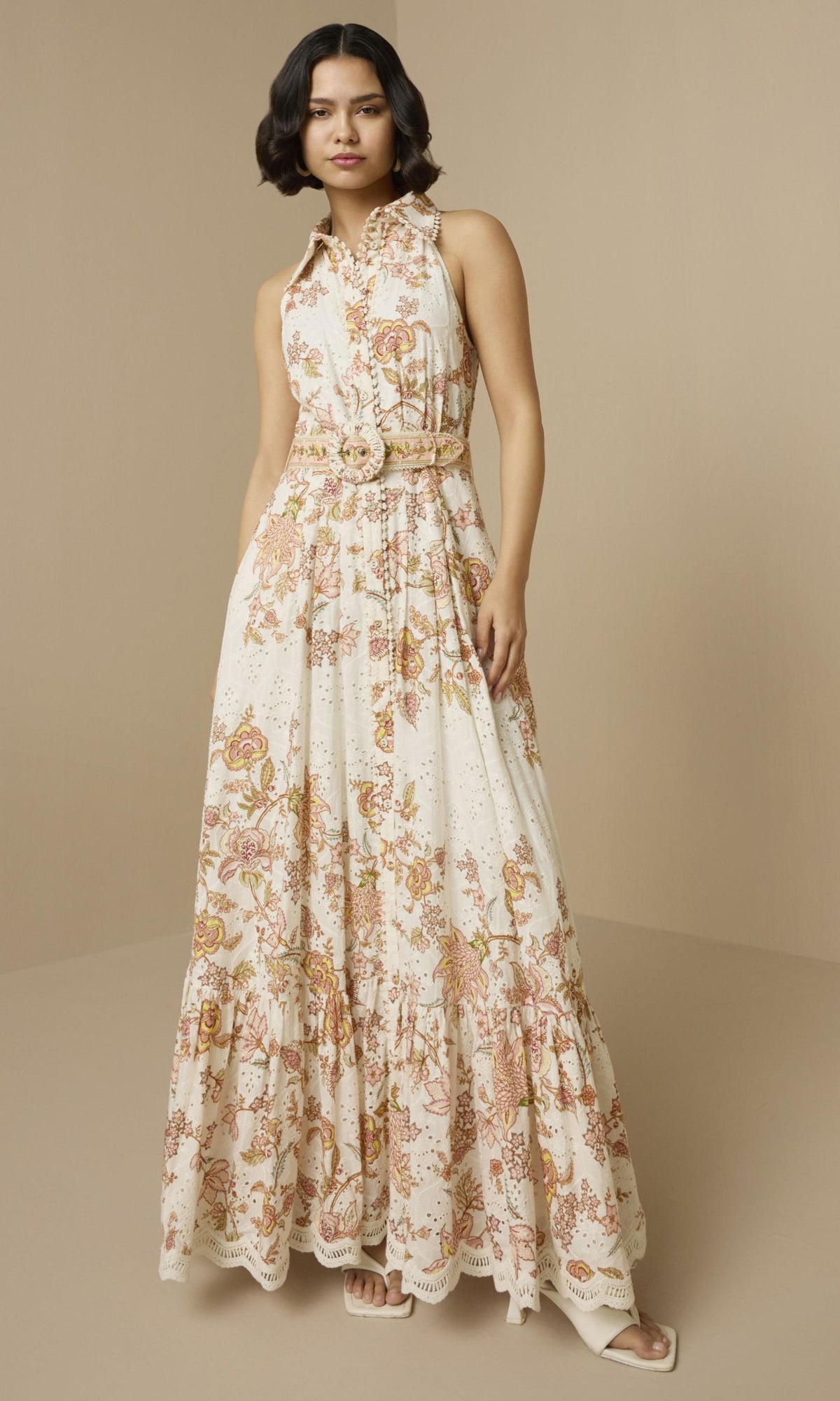 Hemant And Nandita | Niti Cotton Schiffly Long Shirt Dress With Buckle Belt | White Floral