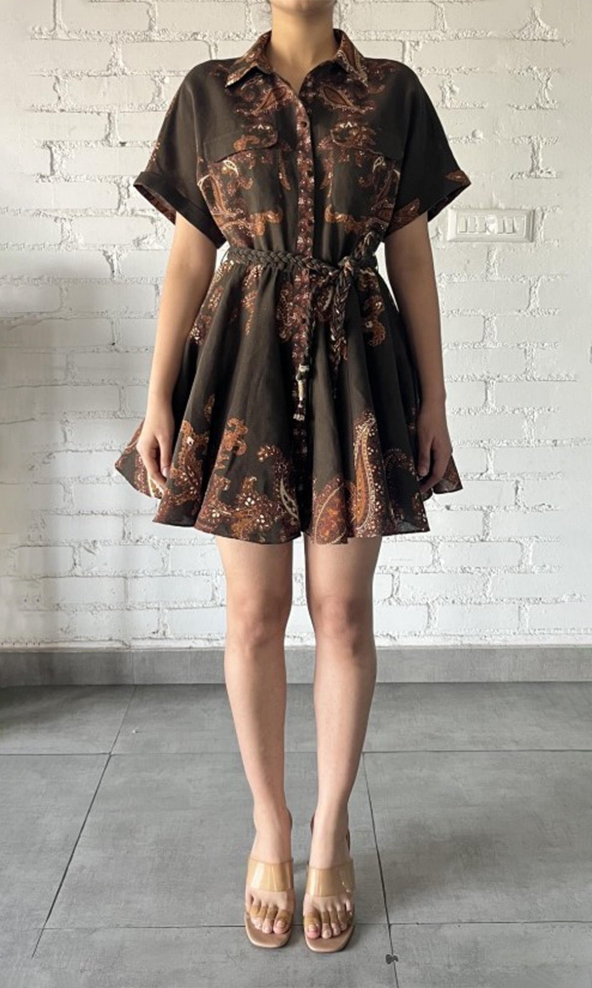 Hemant And Nandita | Omya Linen Cotton Short Dress With Tie Up Belt | Brown Multi