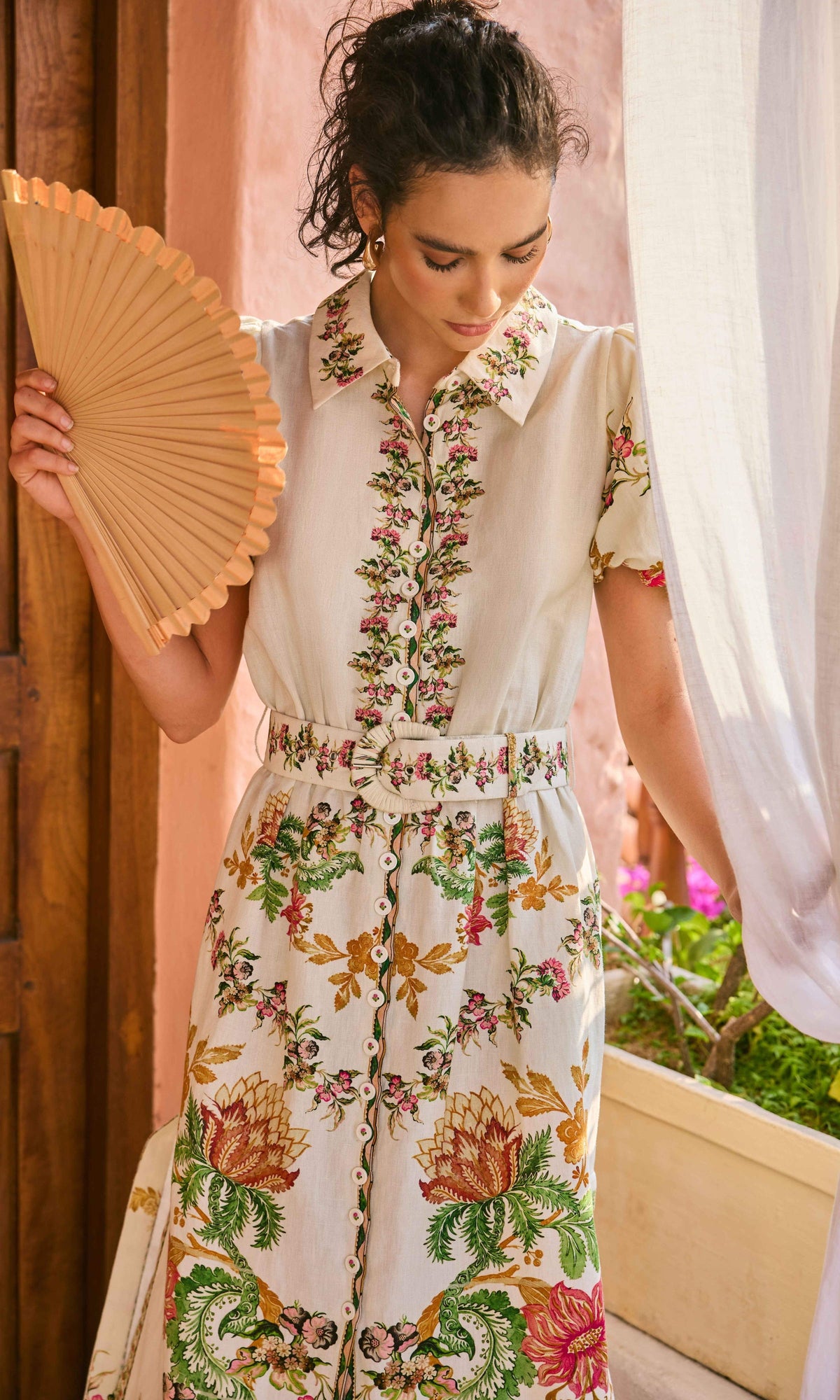 Hemant And Nandita | Pahi Linen Cotton Long Shirt Dress With Handcrafted Buttons And Belt | Offwhite Floral
