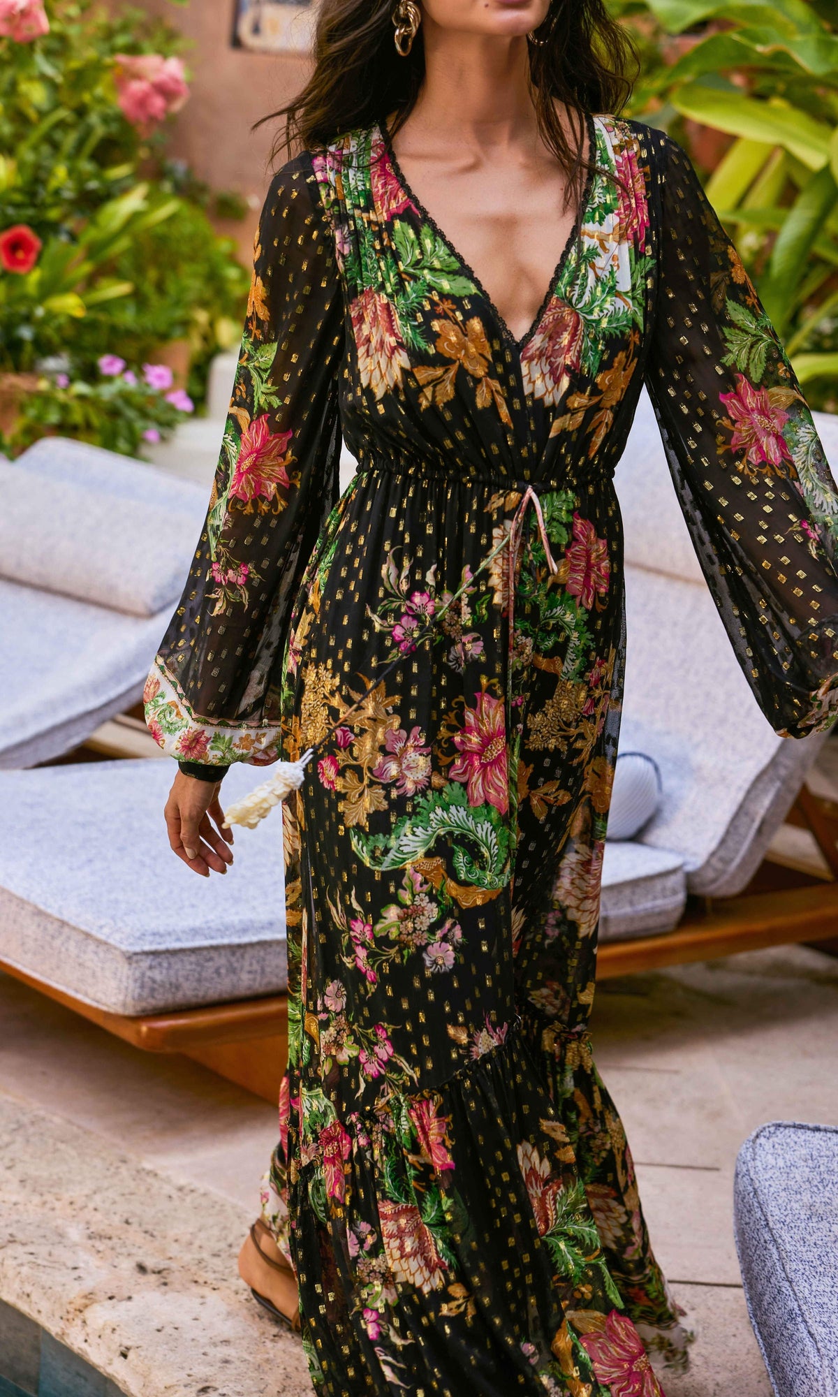 Hemant And Nandita | Pahi Viscose Georgette Gold Dobby Long Dress With Tie Up Tassels | Black Offwhite Floral