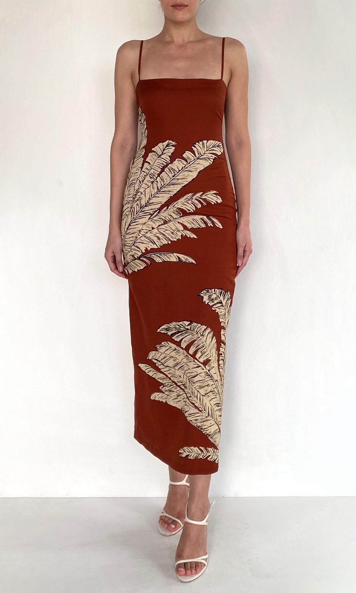 Hemant And Nandita | Palm Linen Cotton Strappy Midi Dress | Terracotta