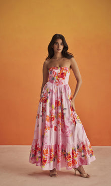 Womens | Rosa Cotton Poplin Corset Long Dress | Pink Floral
