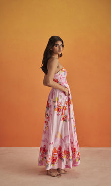 Womens | Rosa Cotton Poplin Corset Long Dress | Pink Floral
