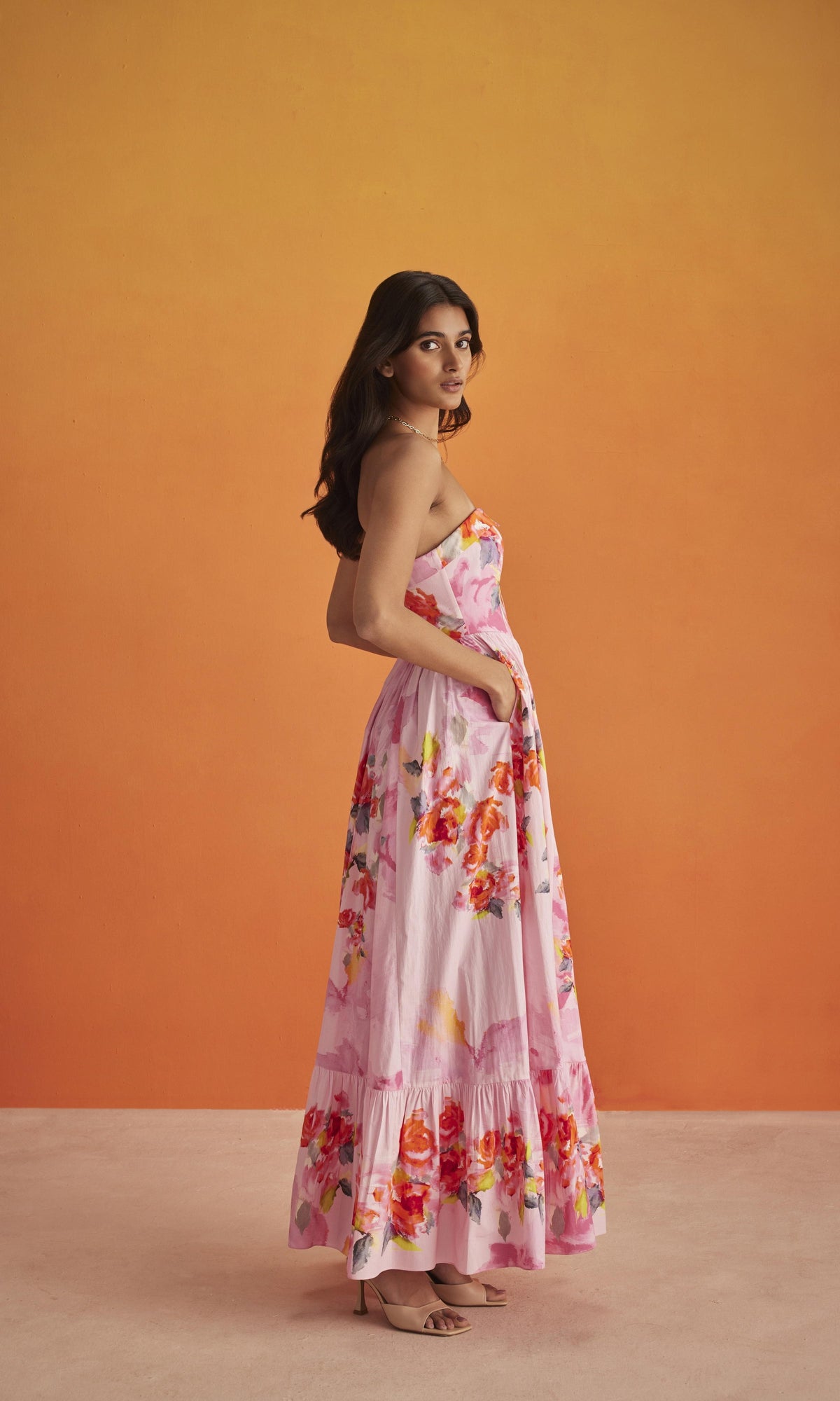 Womens | Rosa Cotton Poplin Corset Long Dress | Pink Floral