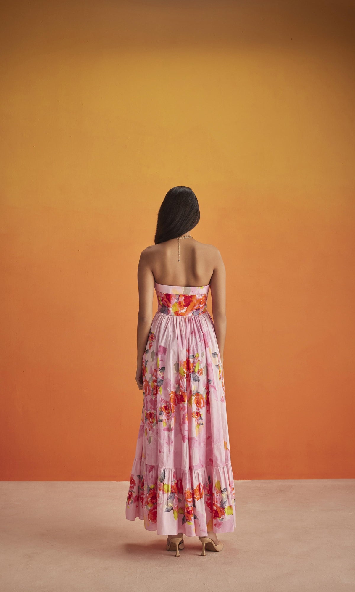 Womens | Rosa Cotton Poplin Corset Long Dress | Pink Floral