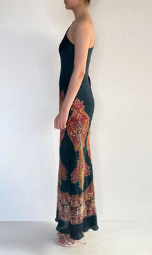 Womens | Ruza Polyester Satin One Shoulder Bias Maxi Dress | Green Multi