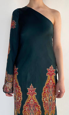 Womens | Ruza Polyester Satin One Shoulder Bias Maxi Dress | Green Multi