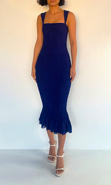 Hemant And Nandita | Ryka Viscose Georgette Jacquard Smocked Midi Dress | Midnight Blue