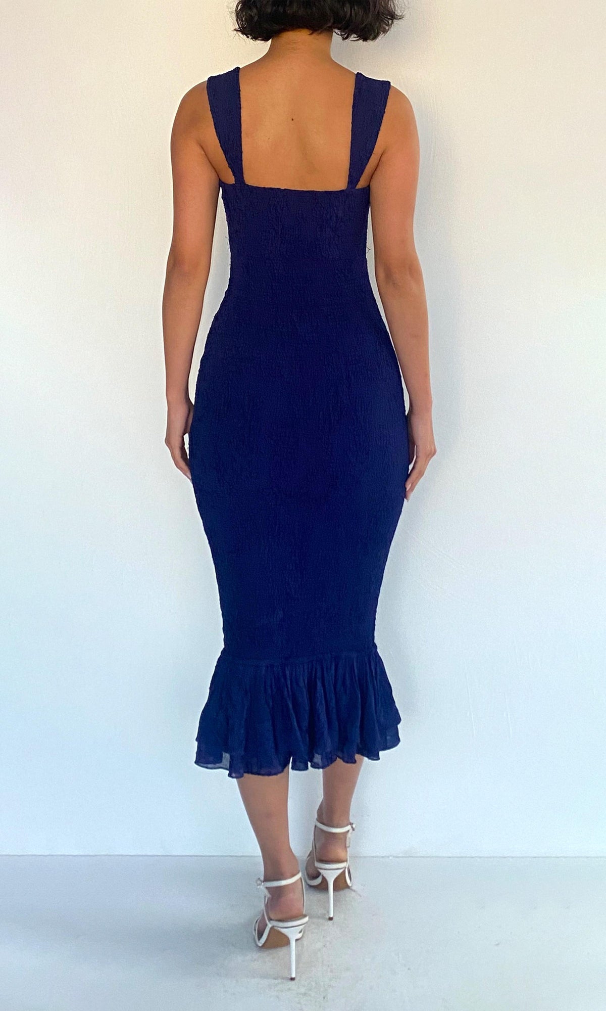 Hemant And Nandita | Ryka Viscose Georgette Jacquard Smocked Midi Dress | Midnight Blue