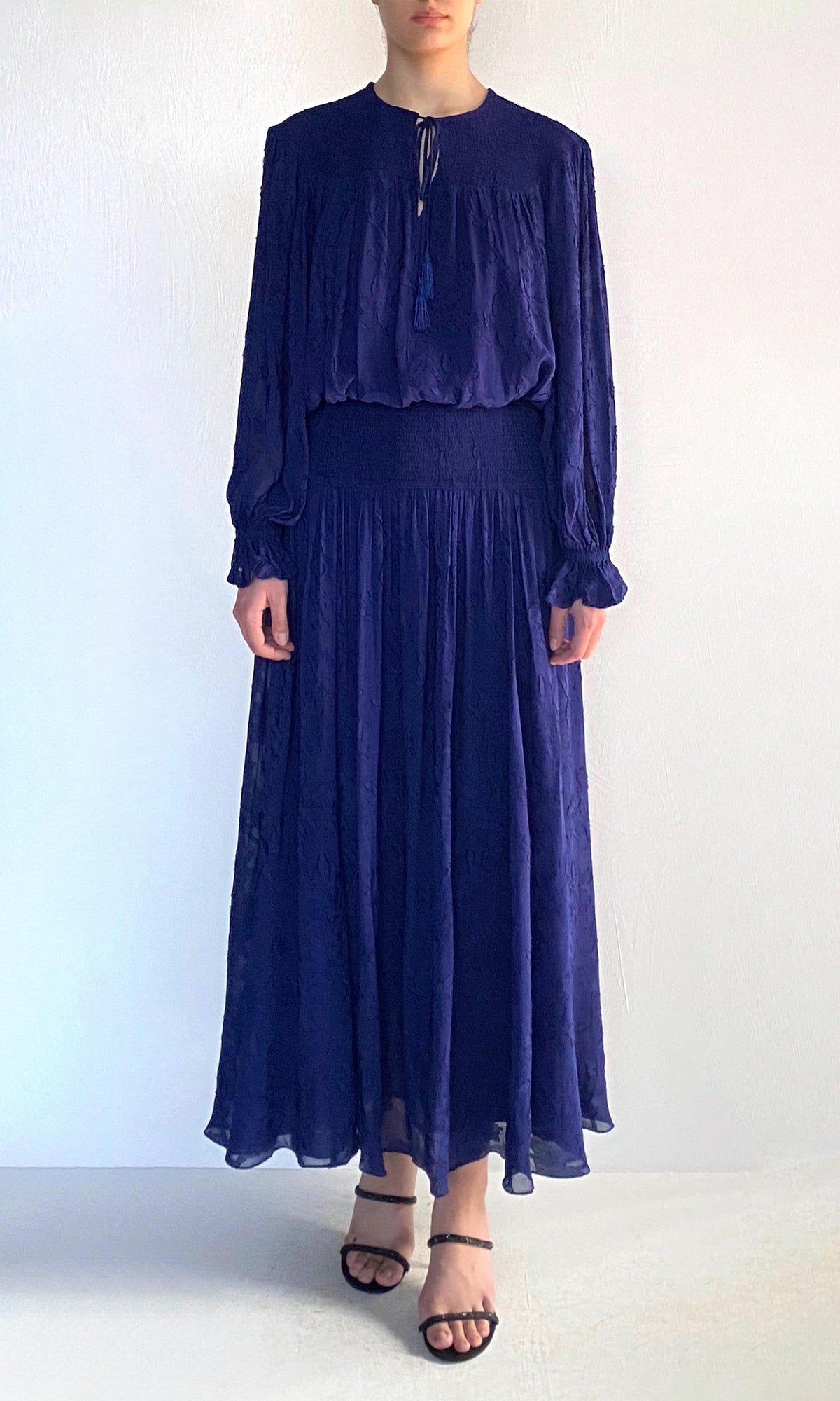 Womens | Ryka Viscose Georgette Jacquard Long Dress | Midnight Blue