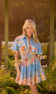 Womens | Saba Linen Cotton Short Dress With Buckle Belt | Blue Floral