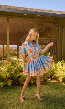 Womens | Saba Linen Cotton Short Dress With Buckle Belt | Blue Floral