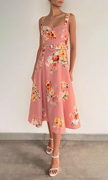 Hemant And Nandita | Saba Linen Cotton Midi Dress With Buckle Belt | Peach Floral