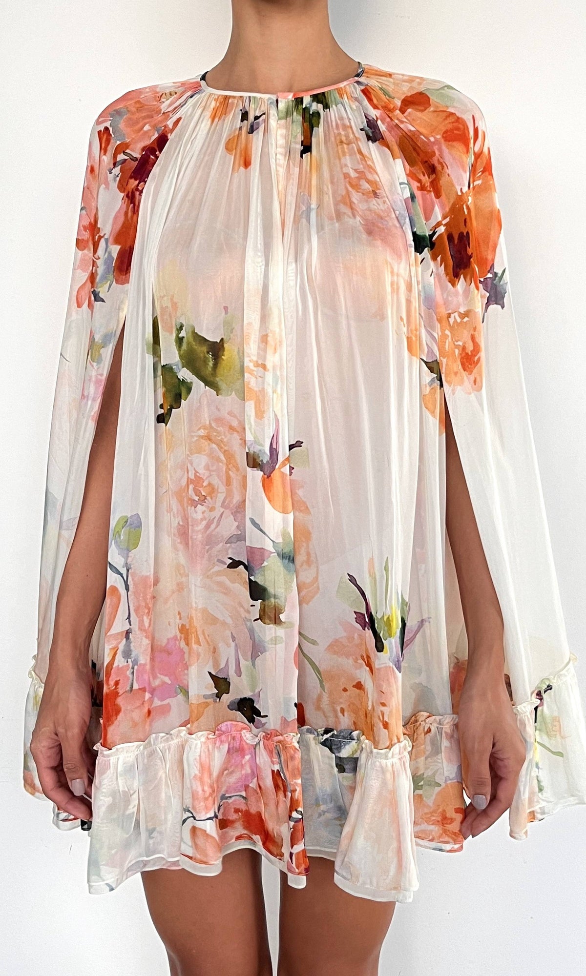 Womens | Saba Viscose Flat Chiffon Mini Cape With Slip | Ivory Floral