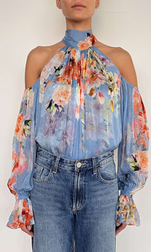 Hemant And Nandita | Saba Viscose Crinkle Chiffon Neck Tie Detail Top | Blue Floral