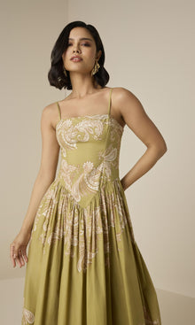 Hemant And Nandita | Sakhi Cotton Poplin Lycra Corset Maxi Dress | Olive