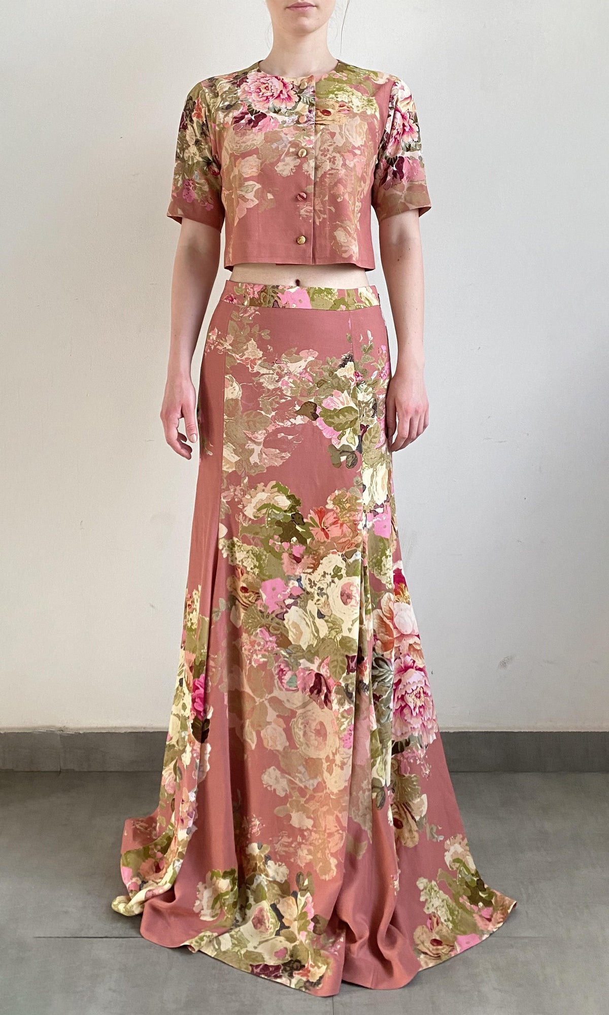 Hemant And Nandita | Sama Polyester Crepe Crop Top | Peach Floral