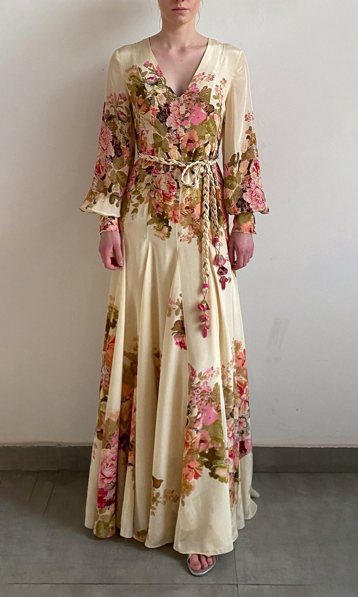 Womens | Sama Viscose Crepe Long Dress With Braided Belt | Off White Multi