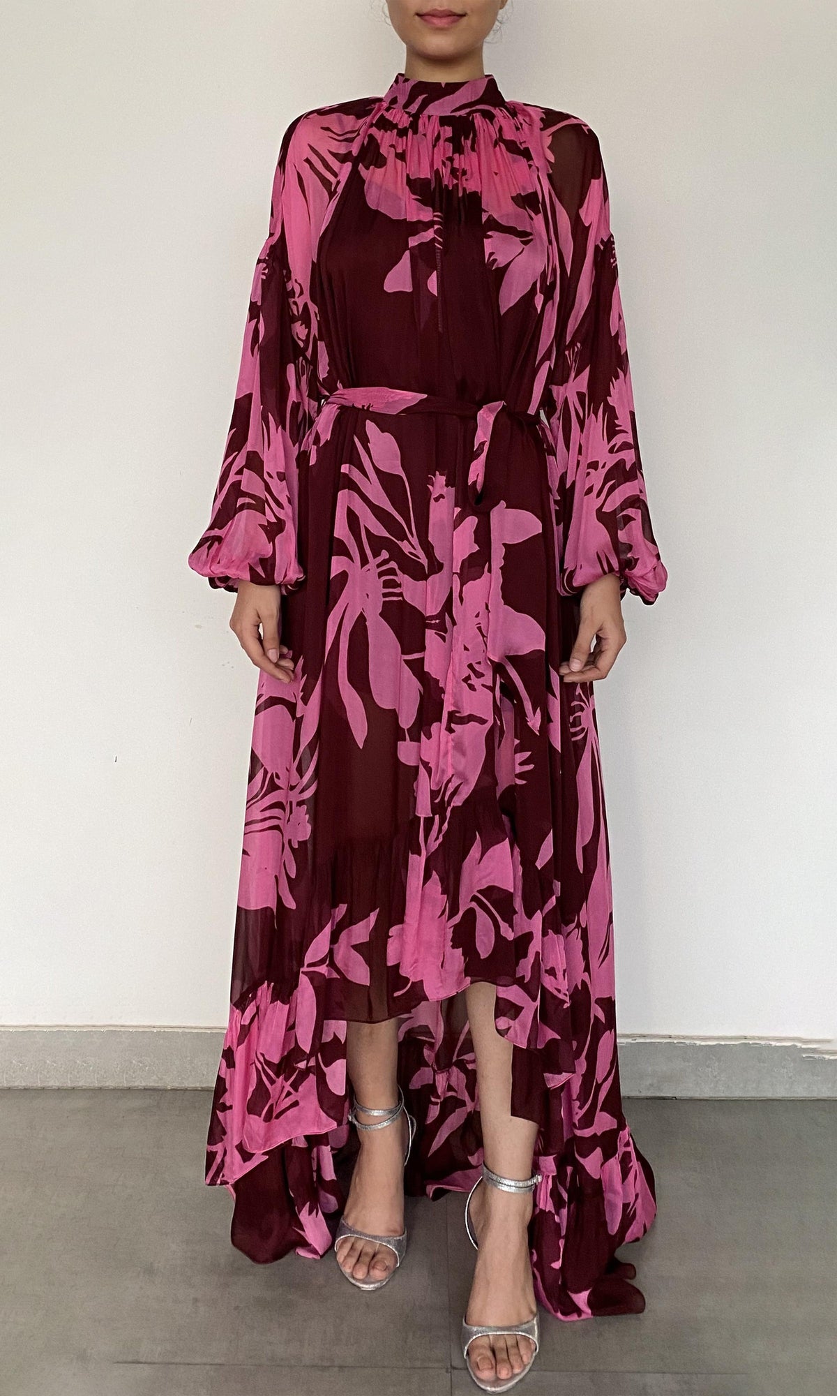 Hemant And Nandita | Tehr Viscose Flat Chiffon High Low Long Dress With Braided Belt And Slip | Black Magenta