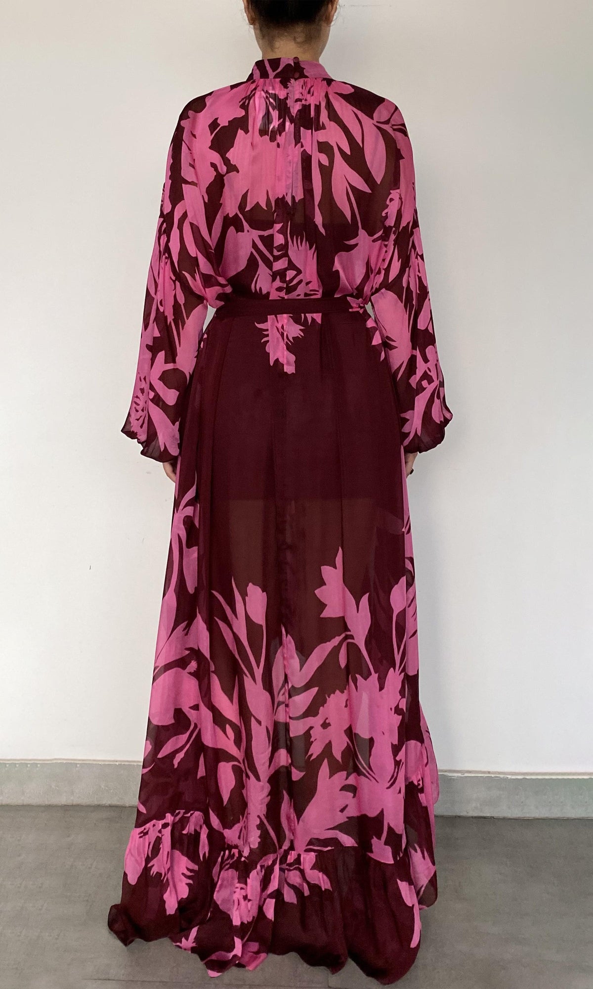 Hemant And Nandita | Tehr Viscose Flat Chiffon High Low Long Dress With Braided Belt And Slip | Black Magenta