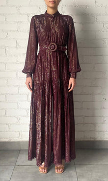 Hemant And Nandita | Tiya Viscose Georgette Gold Silver Stripe Lurex Long Dress With Buckle Belt | Burgundy