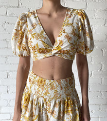 Hemant & Nandita | Tora V-Neck Short Puff-Sleeve Crop Top | Off-White Multi