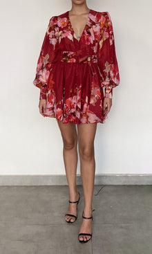 Hemant And Nandita | Tuhi Viscose Linen Organza Short Dress With Tie Up Belt | Burgundy Multi