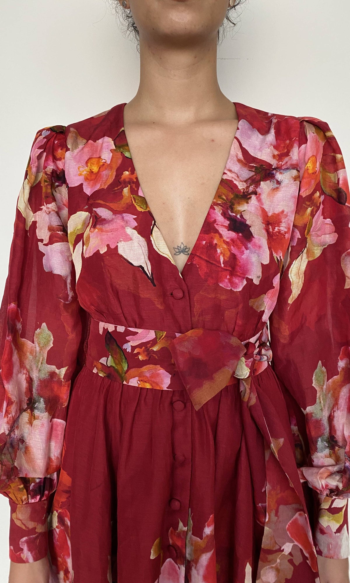 Hemant And Nandita | Tuhi Viscose Linen Organza Short Dress With Tie Up Belt | Burgundy Multi