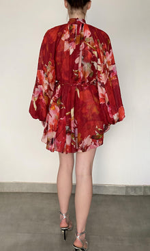 Hemant And Nandita | Tuhi Viscose Linen Organza Short Dress With Braided Belt And Slip | Burgundy Multi