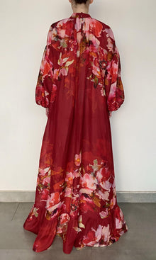 Hemant And Nandita | Tuhi Viscose Linen Organza High Low Long Dress With Braided Belt And Slip | Burgundy Multi