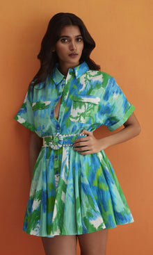 Womens | Vida Linen Cotton Short Dress With Buckle Belt | Blue Green