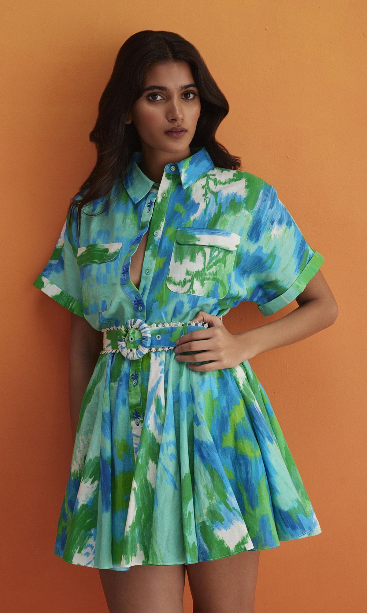Womens | Vida Linen Cotton Short Dress With Buckle Belt | Blue Green