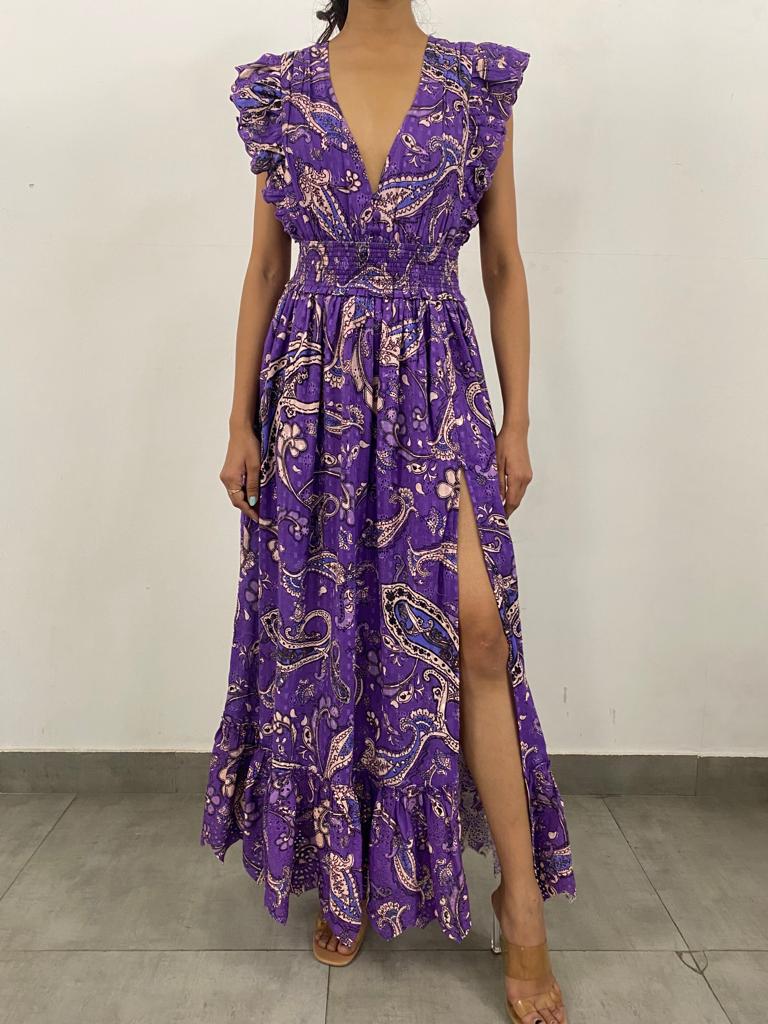 Hemant & Nandita | Viha V-Neck Long Dress | Purple