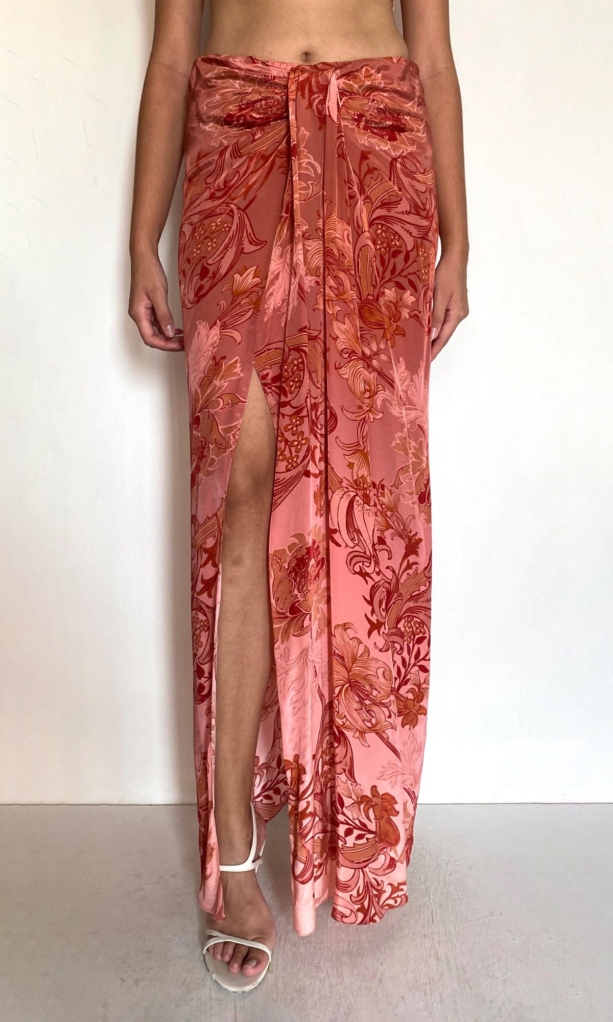 Womens | Vine Viscose Natural Crepe Front Drape Maxi Skirt | Coral