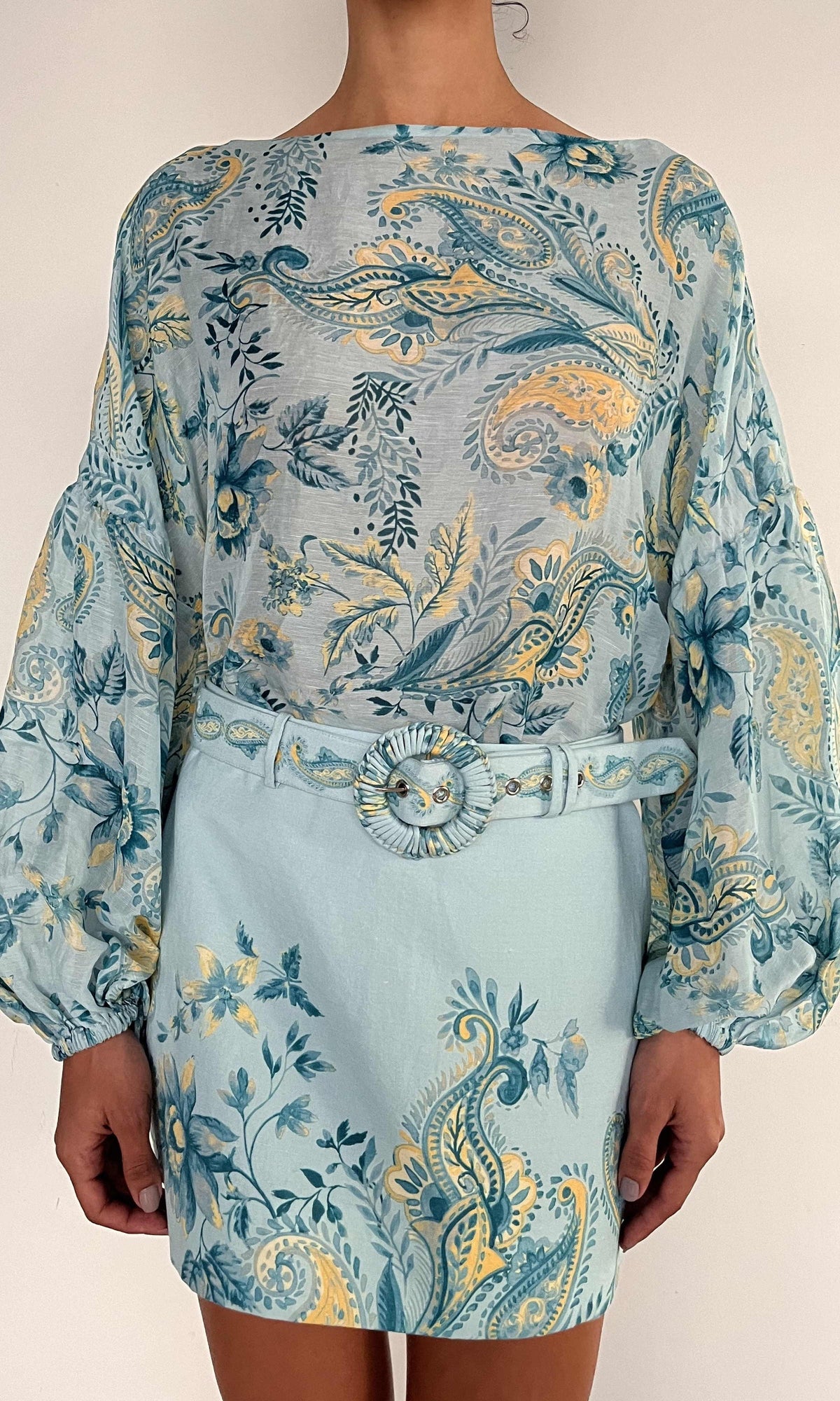 Hemant And Nandita | Wani Linen Cotton Mini Skirt With Buckle Belt | Blue Floral