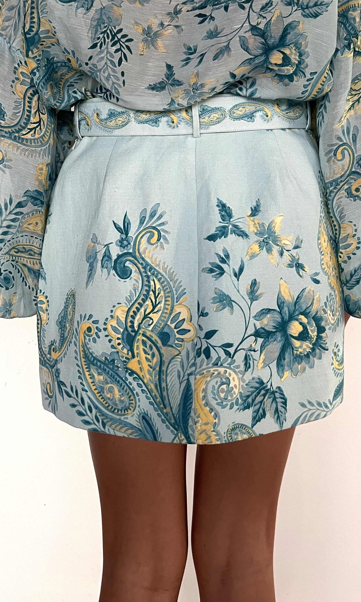 Hemant And Nandita | Wani Linen Cotton Mini Skirt With Buckle Belt | Blue Floral